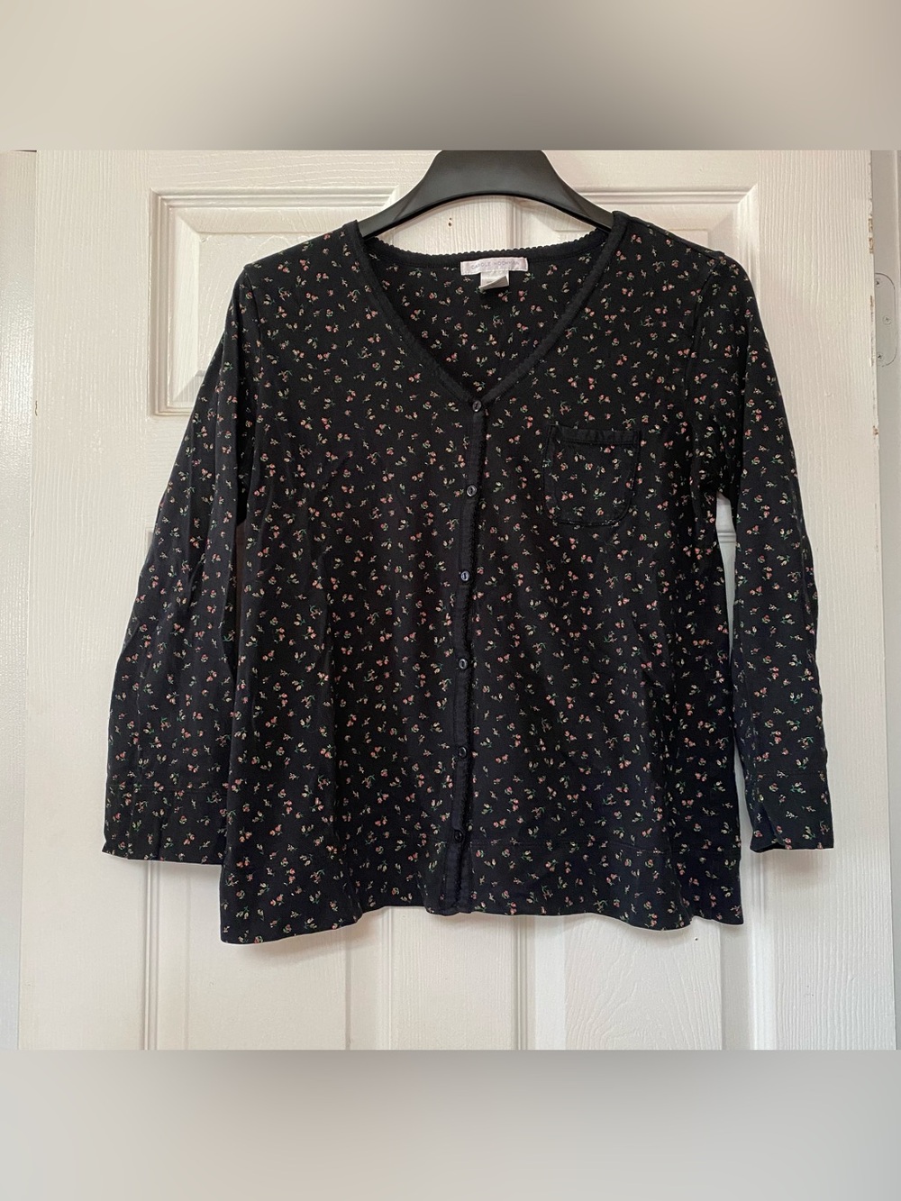 VTG 90’s Ditsy Dark Floral Rose Print Black Cotton Long Sleeve Top Grunge